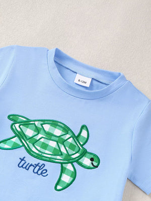 Children's Turtle Round Neck Top And Gingham Shorts Set, side view