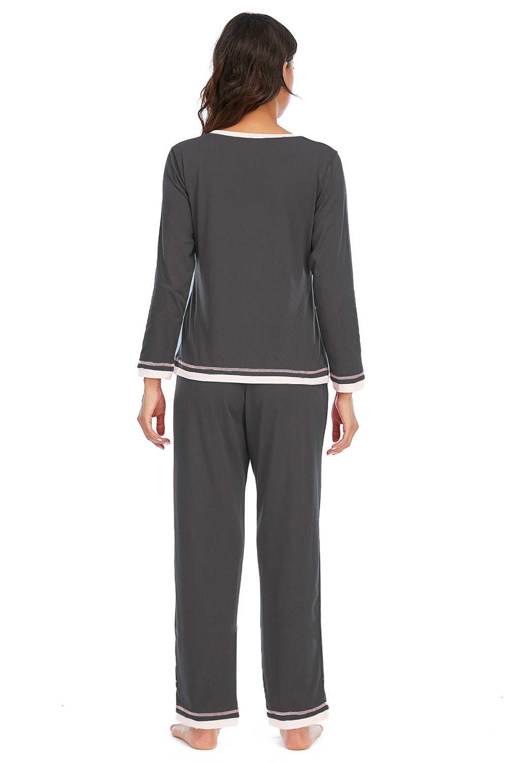 Charcoal long sleeve pajama set with contrast trim on neckline, cuffs, and hem.