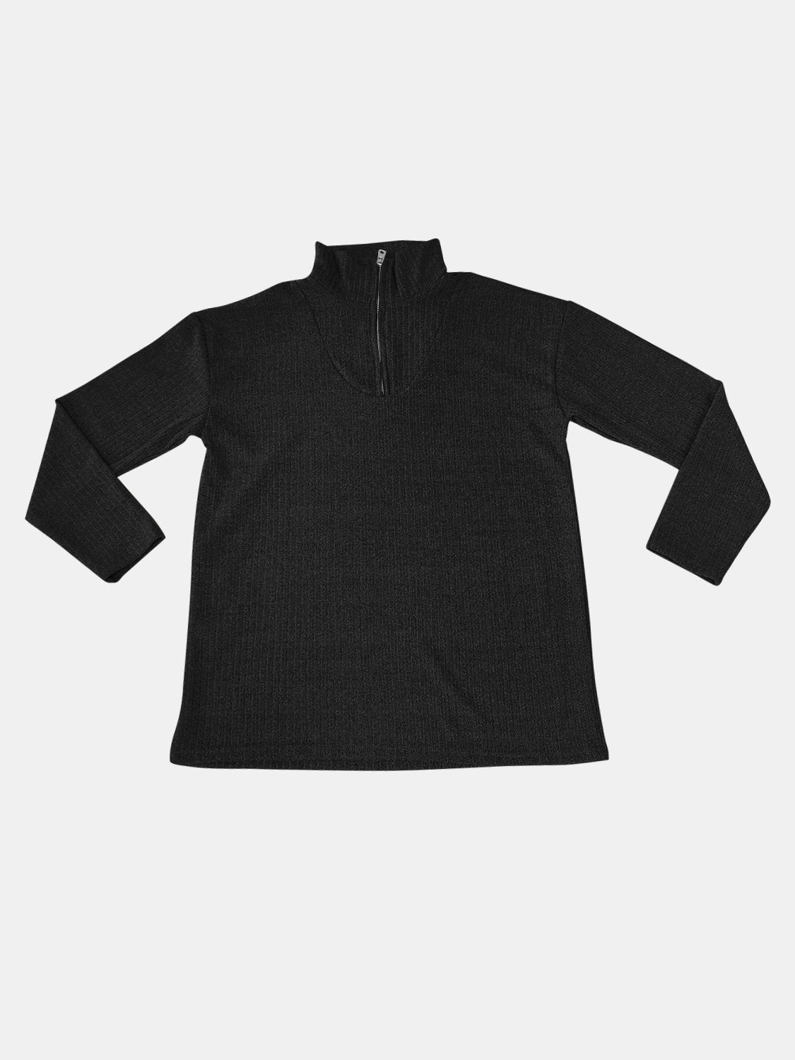 Black ribbed knit quarter-zip pullover sweater with a mock neck.