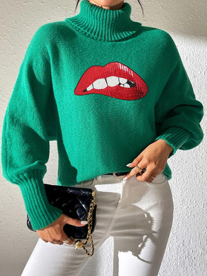 Green turtleneck sweater with sequin red lips detail and balloon sleeves