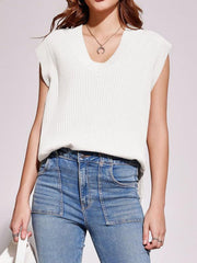White ribbed knit V-neck sleeveless sweater tank with a casual fit.
