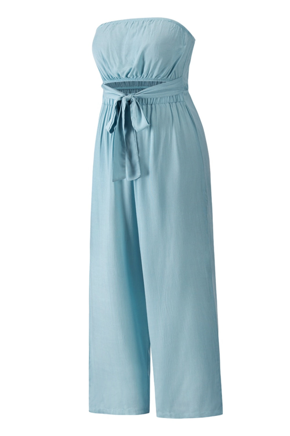 Light blue bandeau jumpsuit with tie-waist and wide-leg pants