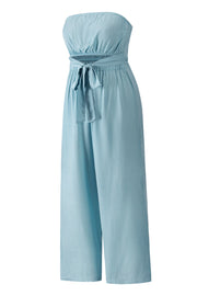 Light blue bandeau jumpsuit with tie-waist and wide-leg pants