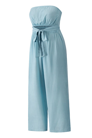 Light blue bandeau jumpsuit with tie-waist and wide-leg pants