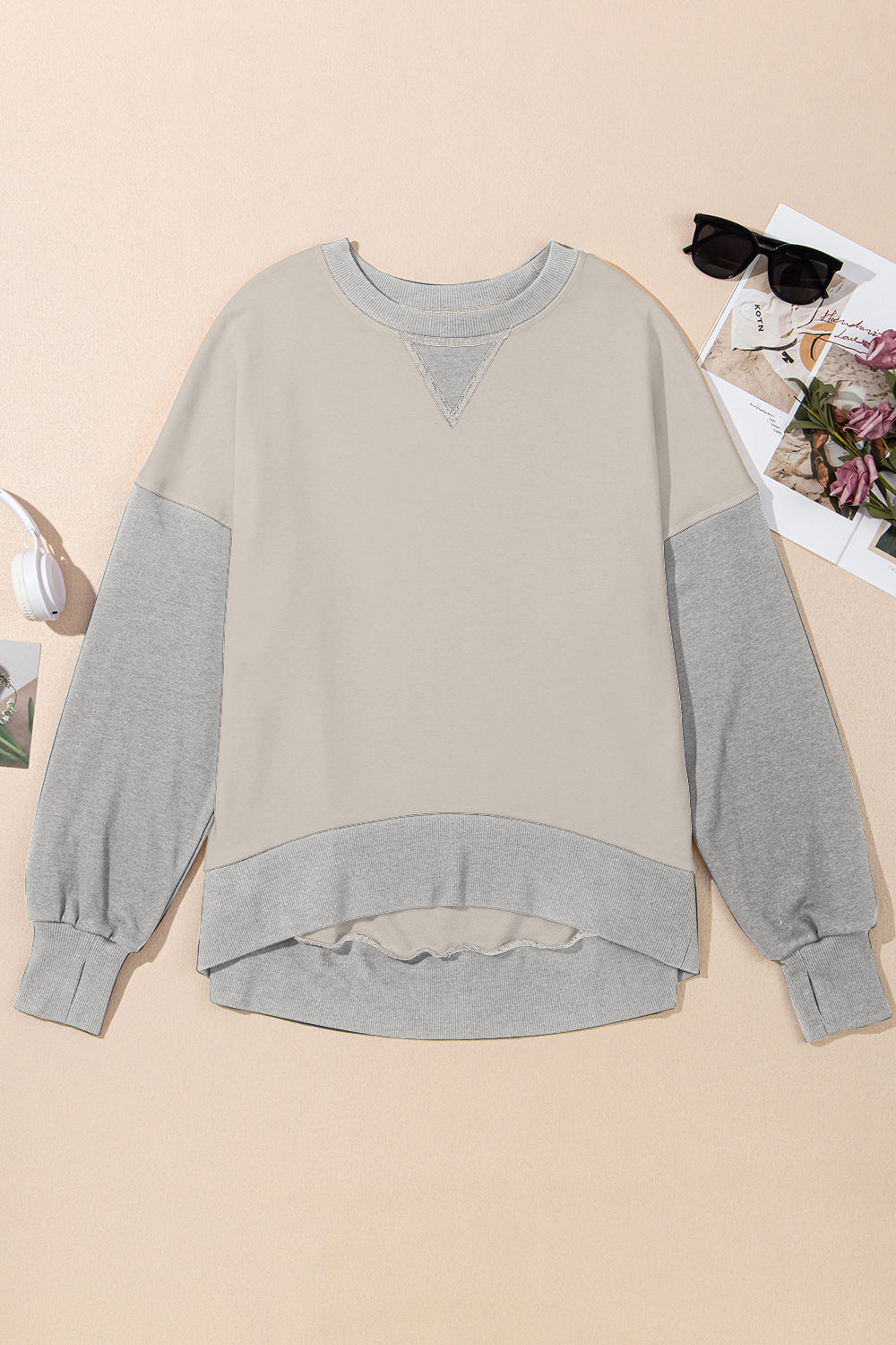 Chic Contrast Crewneck Sweatshirt in tan and light gray with ribbed cuffs and hem.