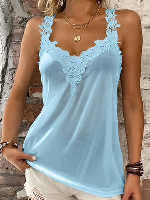 Pastel blue lace trimmed halter cami with V-neck and floral detail.