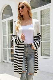 Monochrome block stripe maxi cardigan in black and white acrylic, open front, long sleeve.