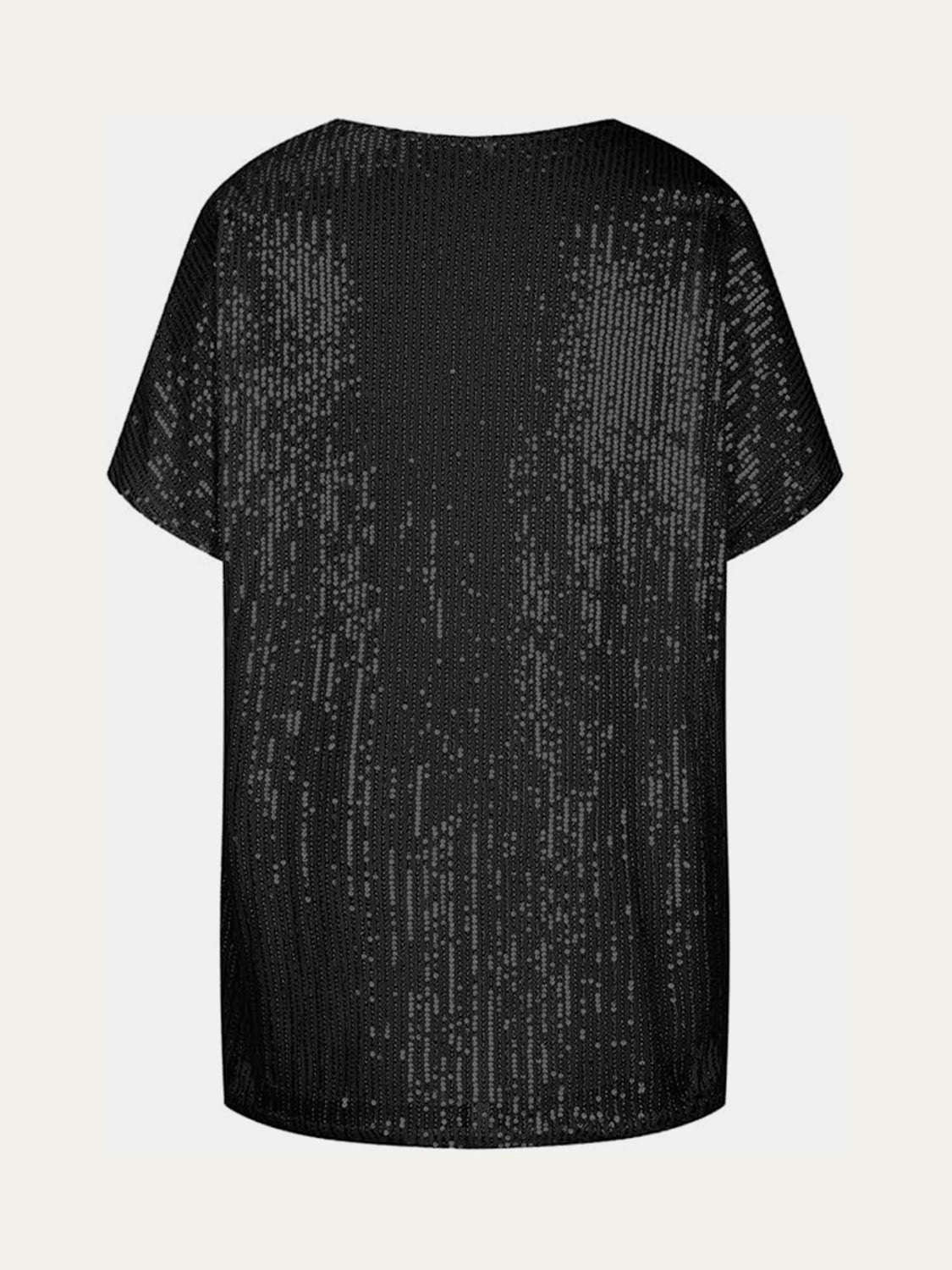 Black sequin slouchy V-neck top with short sleeves.