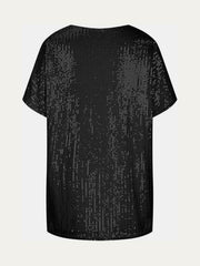 Black sequin slouchy V-neck top with short sleeves.
