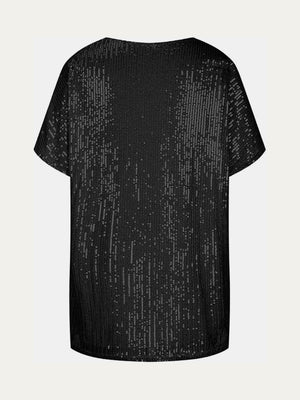 Black sequin slouchy V-neck top with short sleeves.