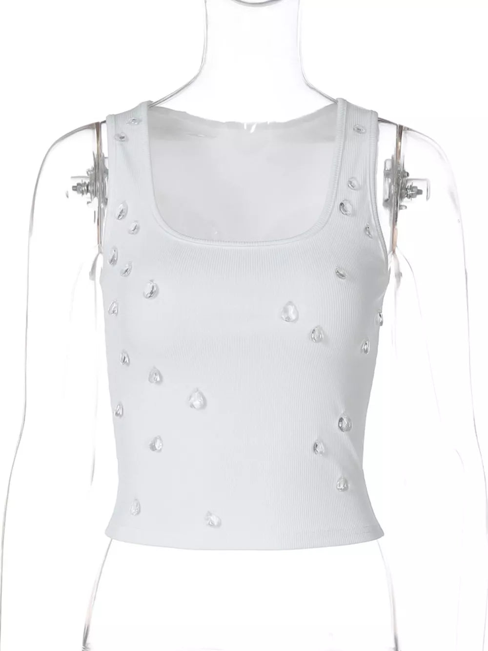 White ribbed cropped tank top with scattered rhinestones and square neckline.