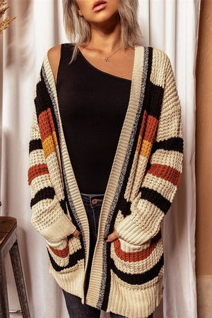 Chunky knit cardigan with stripes in khaki, black, and rust, featuring pockets and a relaxed fit.