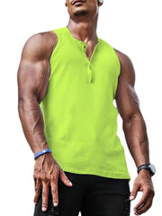 Neon green ribbed henley muscle tank top with button detail