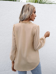 Khaki Swiss dot sleeve gathered blouse with ruffled neckline and balloon sleeves.