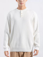 Men's white ribbed knit top with button detail and crew neck.