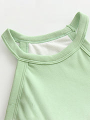Ribbed halter crop top in Gum Leaf green with contrast stitching detail.
