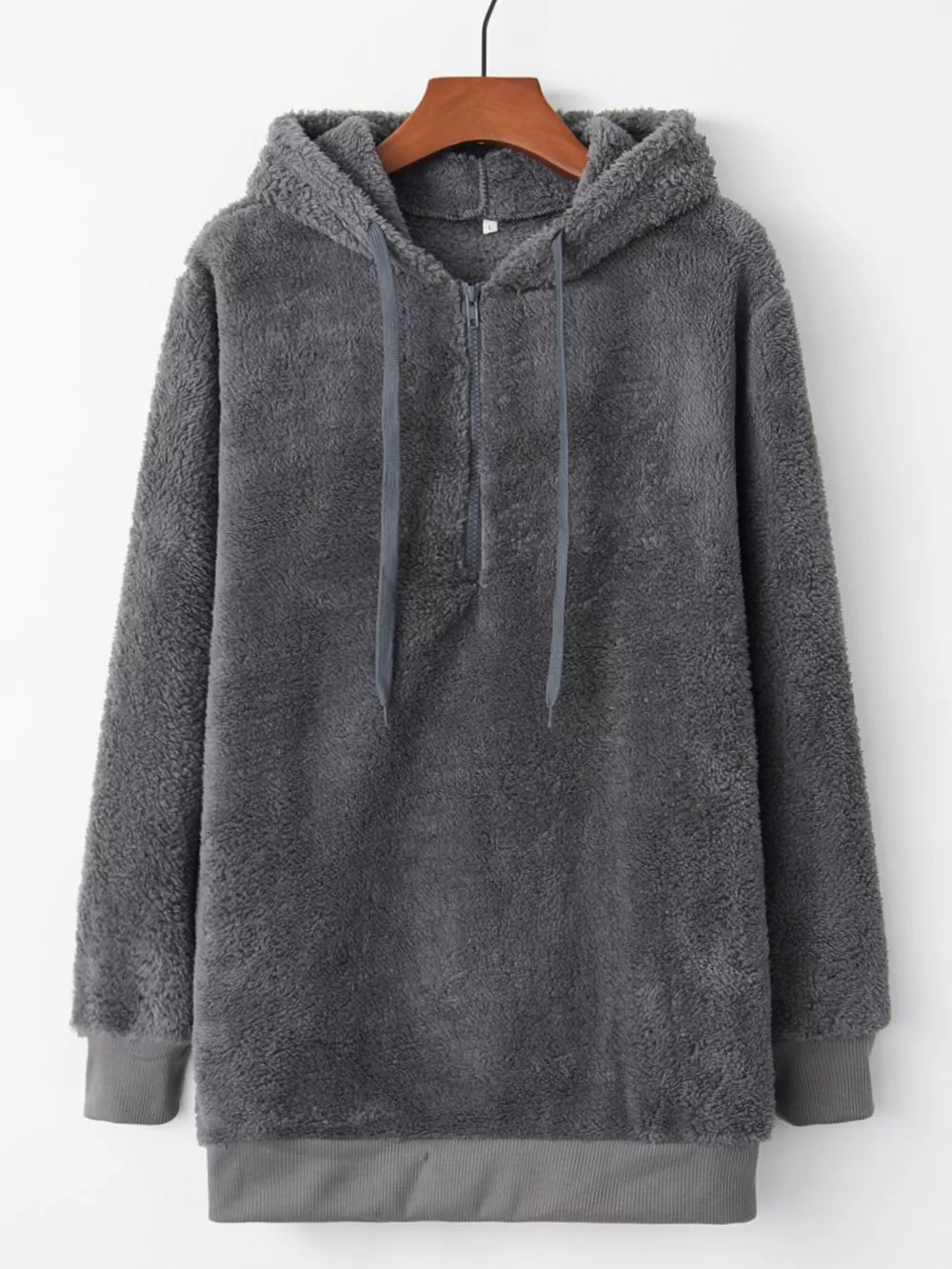 Gray plush fleece half-zip hoodie with drawstring and ribbed cuffs.