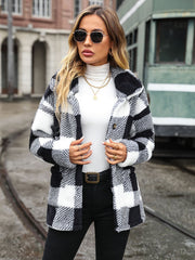 Textured plaid teddy button-up jacket in black and white with a relaxed fit.
