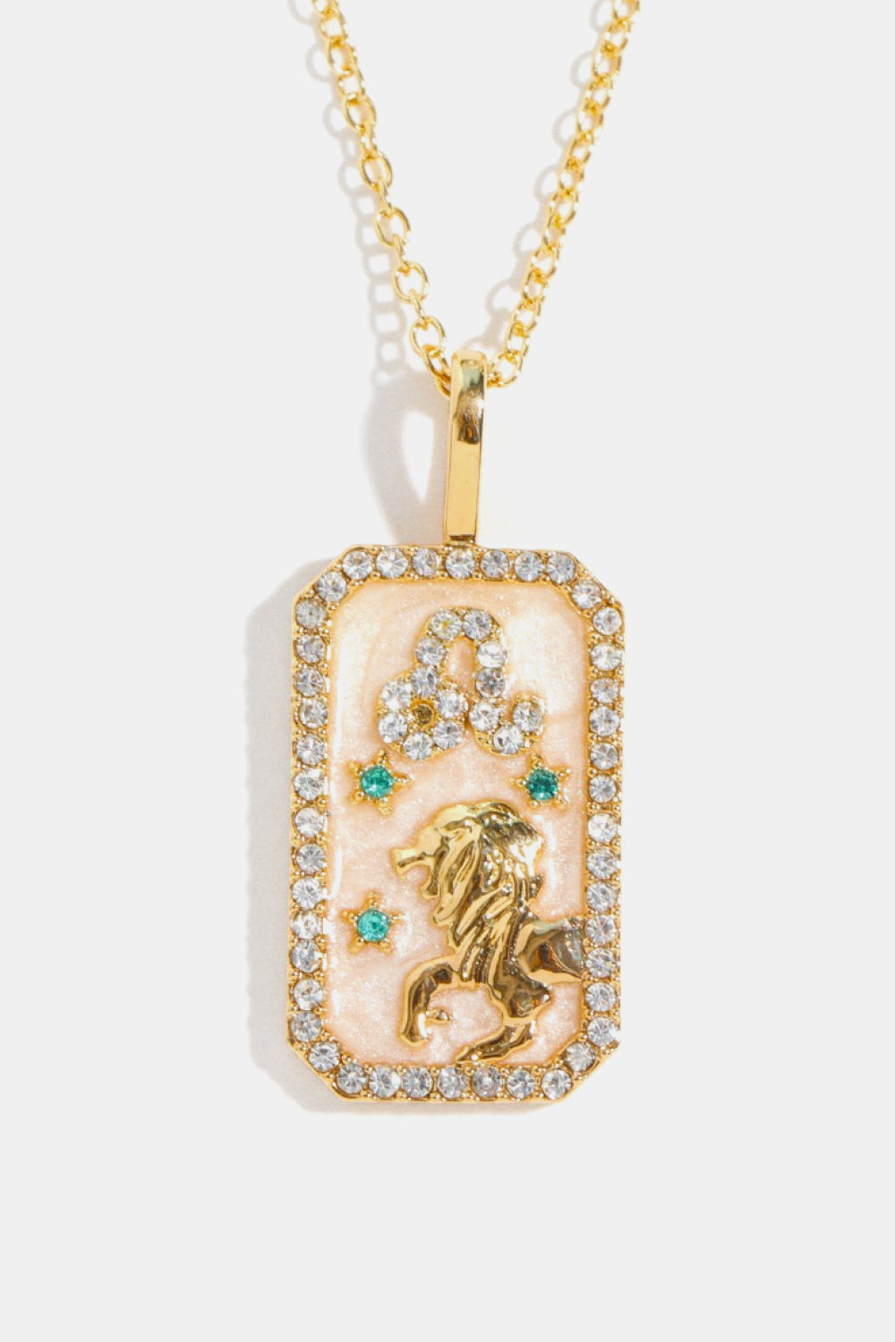 14K gold-plated necklace with Leo zodiac sign crystal pendant and emerald accents.