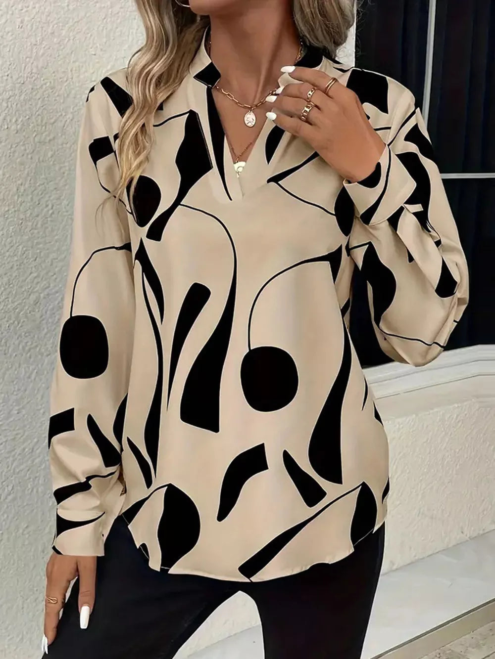 Abstract Print Notched Long Sleeve Blouse in Beige, side view