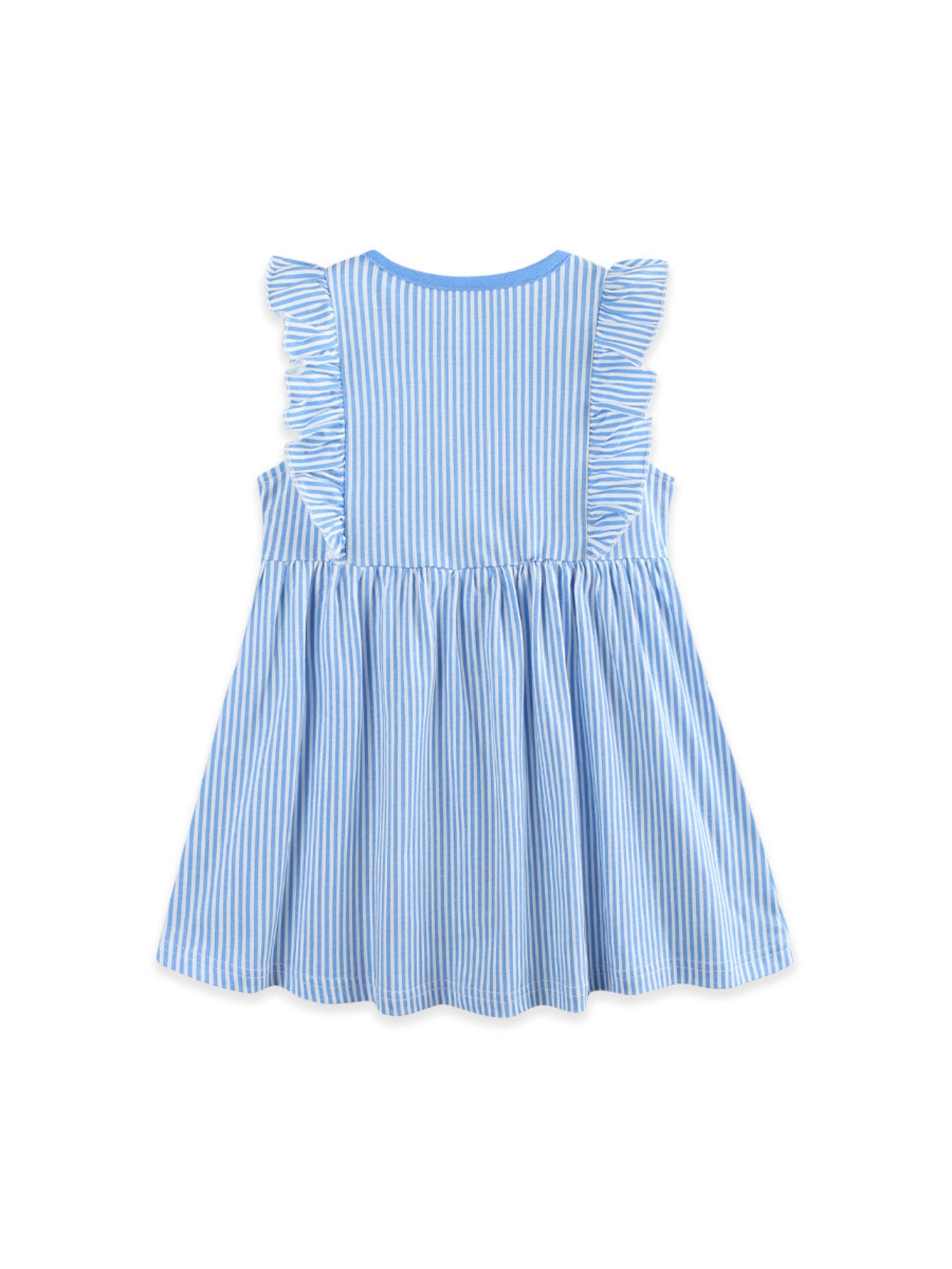 Blue and white striped cotton toddler dress with ruffle sleeves and gathered skirt.