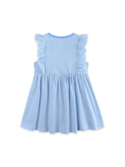 Blue and white striped cotton toddler dress with ruffle sleeves and gathered skirt.