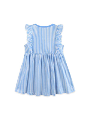 Blue and white striped cotton toddler dress with ruffle sleeves and gathered skirt.