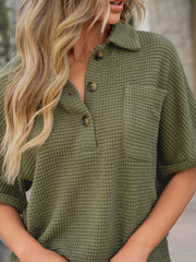 Moss waffle-knit collared shirt with button detail and chest pocket
