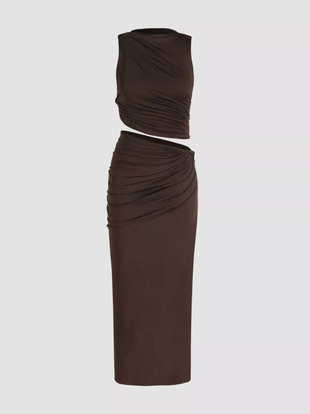 Asymmetrical Ruched Knit Top And Skirt Set in Yellow Green, fabric detail