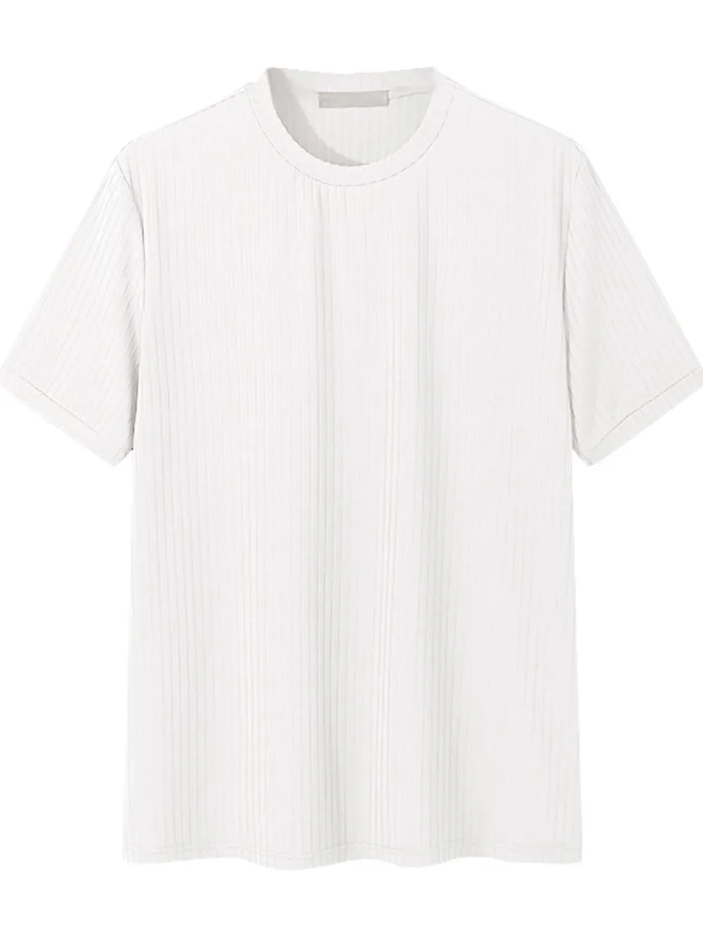 White ribbed crewneck t-shirt with short sleeves and a textured vertical stripe pattern.