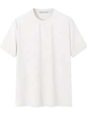 White ribbed crewneck t-shirt with short sleeves and a textured vertical stripe pattern.