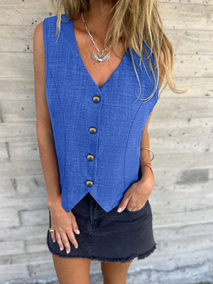 Royal blue linen vest with button detail and V-neck