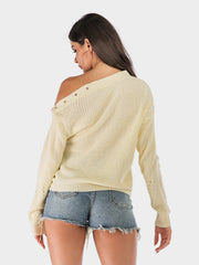 Beige knit sweater with button detail on shoulder, off-the-shoulder neckline, and long sleeves.