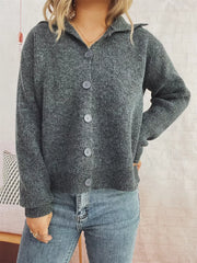 Gray ribbed knit cardigan with polo collar and button-up front.