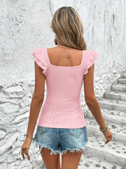 Ruffled square neck t-shirt in blush pink with cap sleeves and eyelet detail.