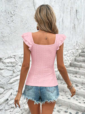 Ruffled square neck t-shirt in blush pink with cap sleeves and eyelet detail.
