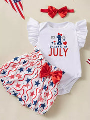 White baby outfit with ruffled sleeves, "my 1st Fourth of July" graphic, and star-print bloomer shorts.