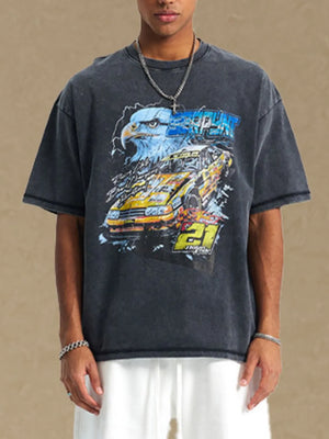 Black oversized graphic tee with vintage race car and eagle design