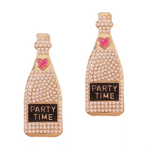 Champagne bottle drop earrings with pearls, pink heart, and PARTY TIME text.