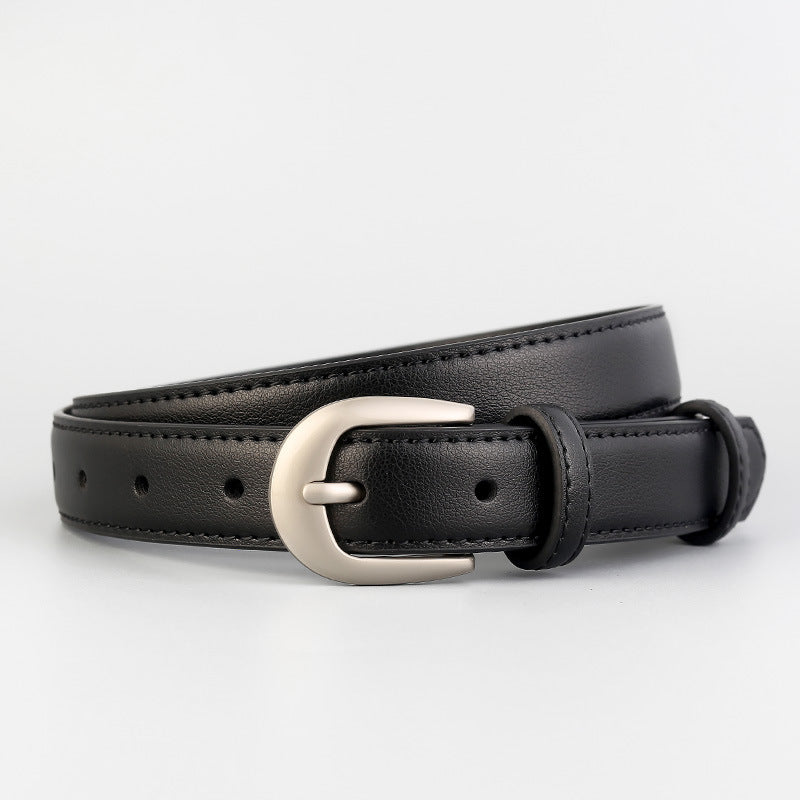 Black cowhide leather skinny belt with silver buckle