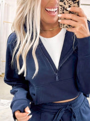 Long Sleeve Zip-up Top & Skort Set in Dark Navy, close-up detail