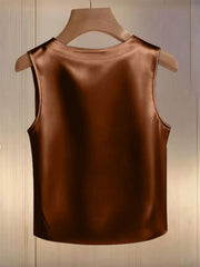 Brown satin tank top with a round neckline and sleeveless design.