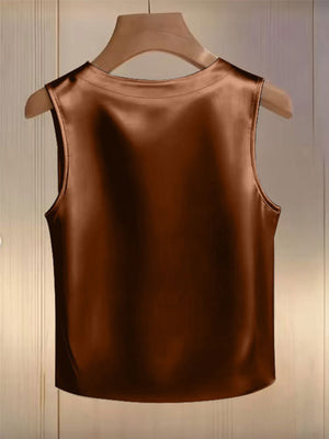 Brown satin tank top with a round neckline and sleeveless design.
