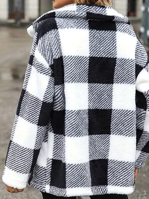 Cozy Sherpa trench coat with black and white buffalo plaid pattern and classic collar.