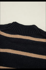 Chunky stripe button-down cardigan in black and beige acrylic with ribbed neckline.