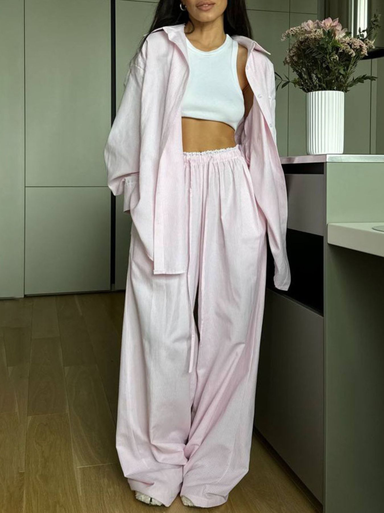 Pinstriped long sleeve shirt and wide leg pants set in Dusty Pink with drawstring waist.