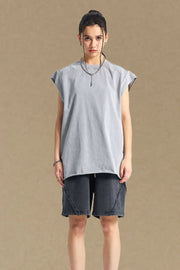 Gray raw edge muscle tank top with a crew neck and short sleeves.