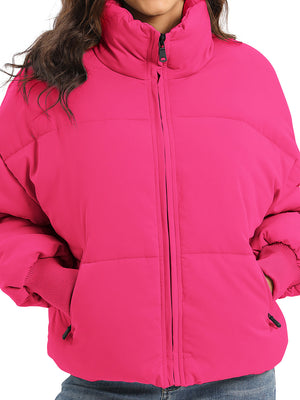 Padded bomber jacket in hot pink with ribbed cuffs and a stand-up collar.