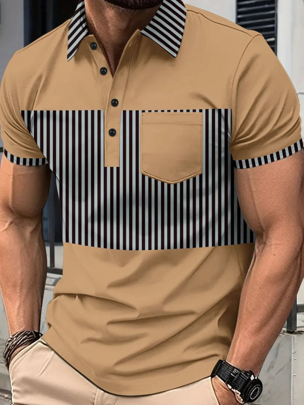 Camel polo shirt with vertical stripe panels on chest and sleeves, button neck, and chest pocket.