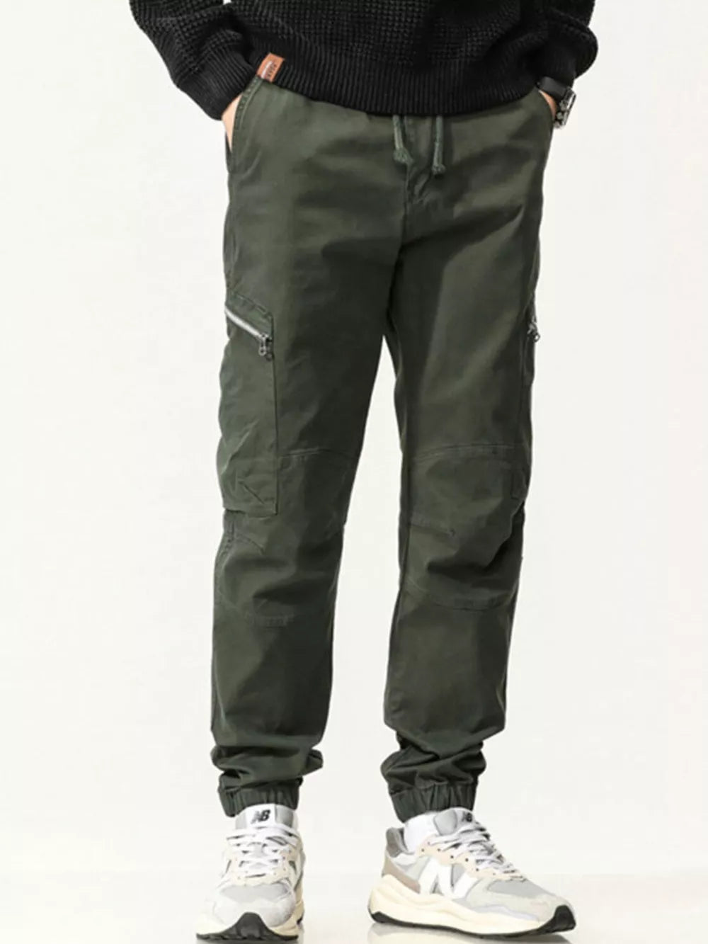 Men's Army Green Cotton Cargo Pants with Zipper Pockets